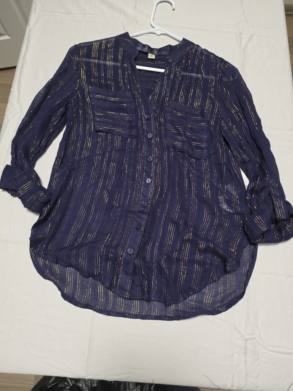 Fabulous Glam Navy Blue Metallic-Striped Button-Up Blouse